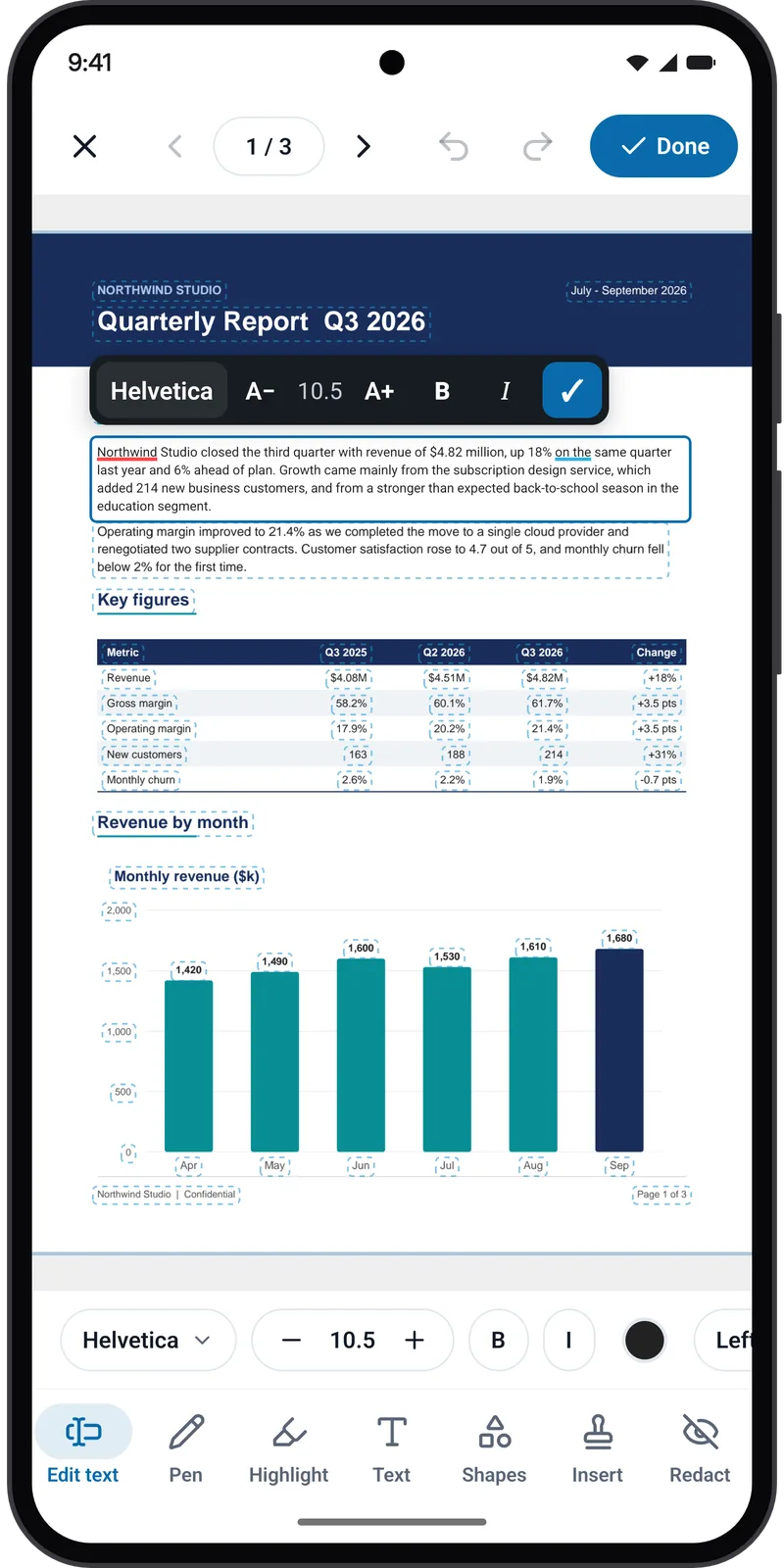 Editing a line of text in a PDF report, with font, size and style controls