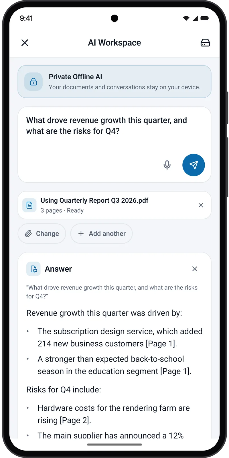 AI Workspace answering a question about a quarterly report