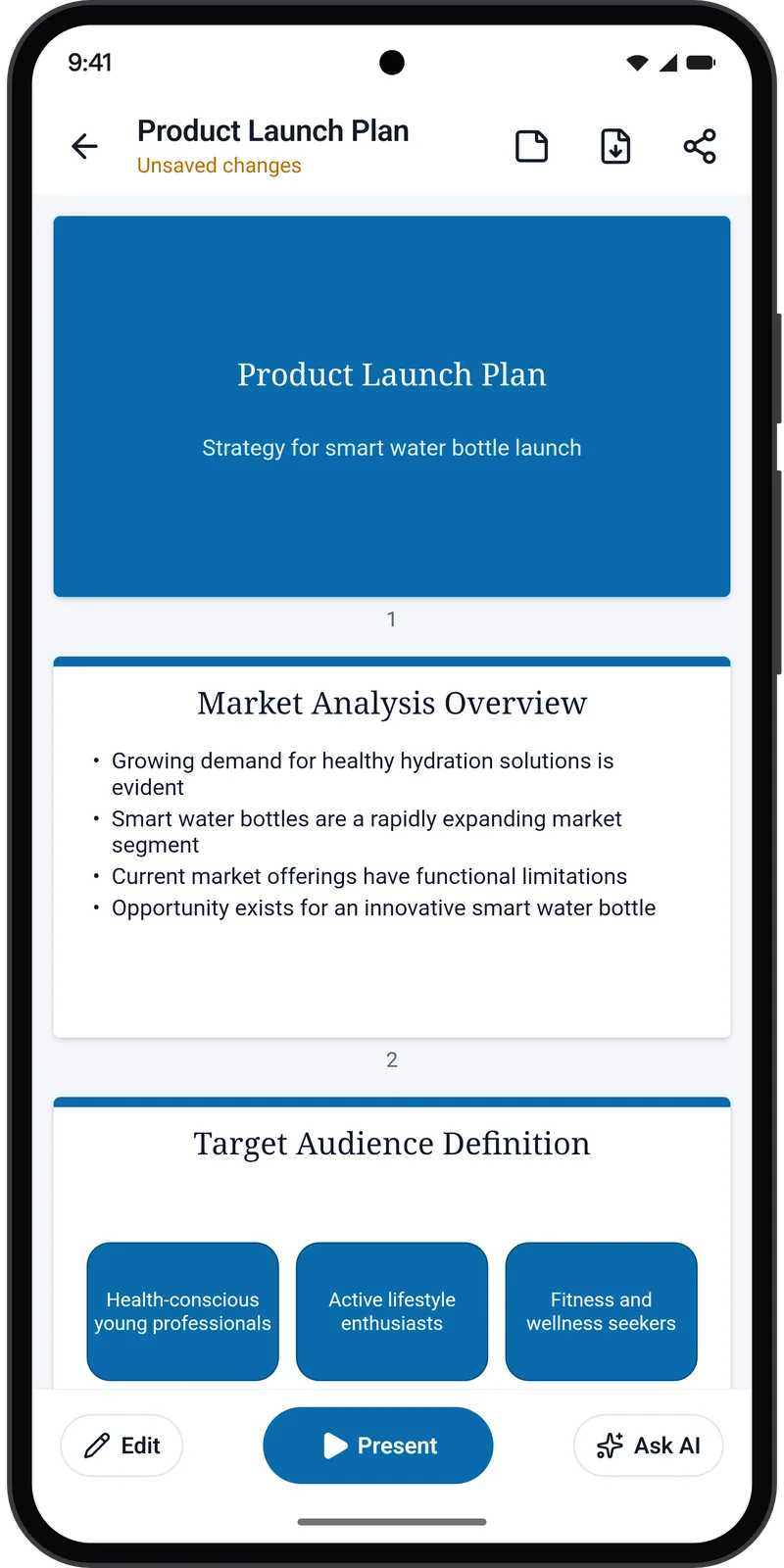 A generated slide deck titled Product Launch Plan