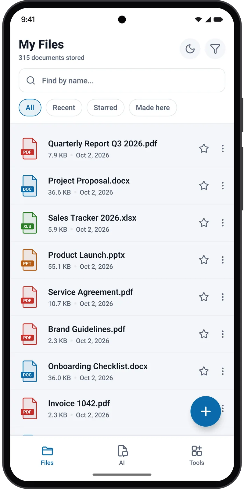 My Files: PDF, Word, Excel and PowerPoint files in one list