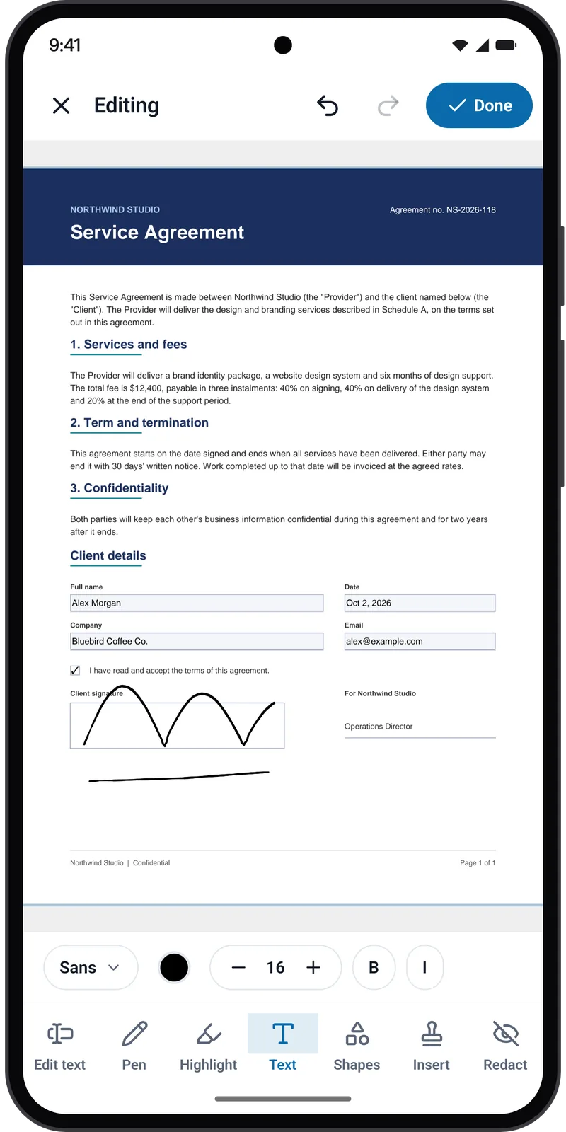 A service agreement with filled-in fields and a drawn signature