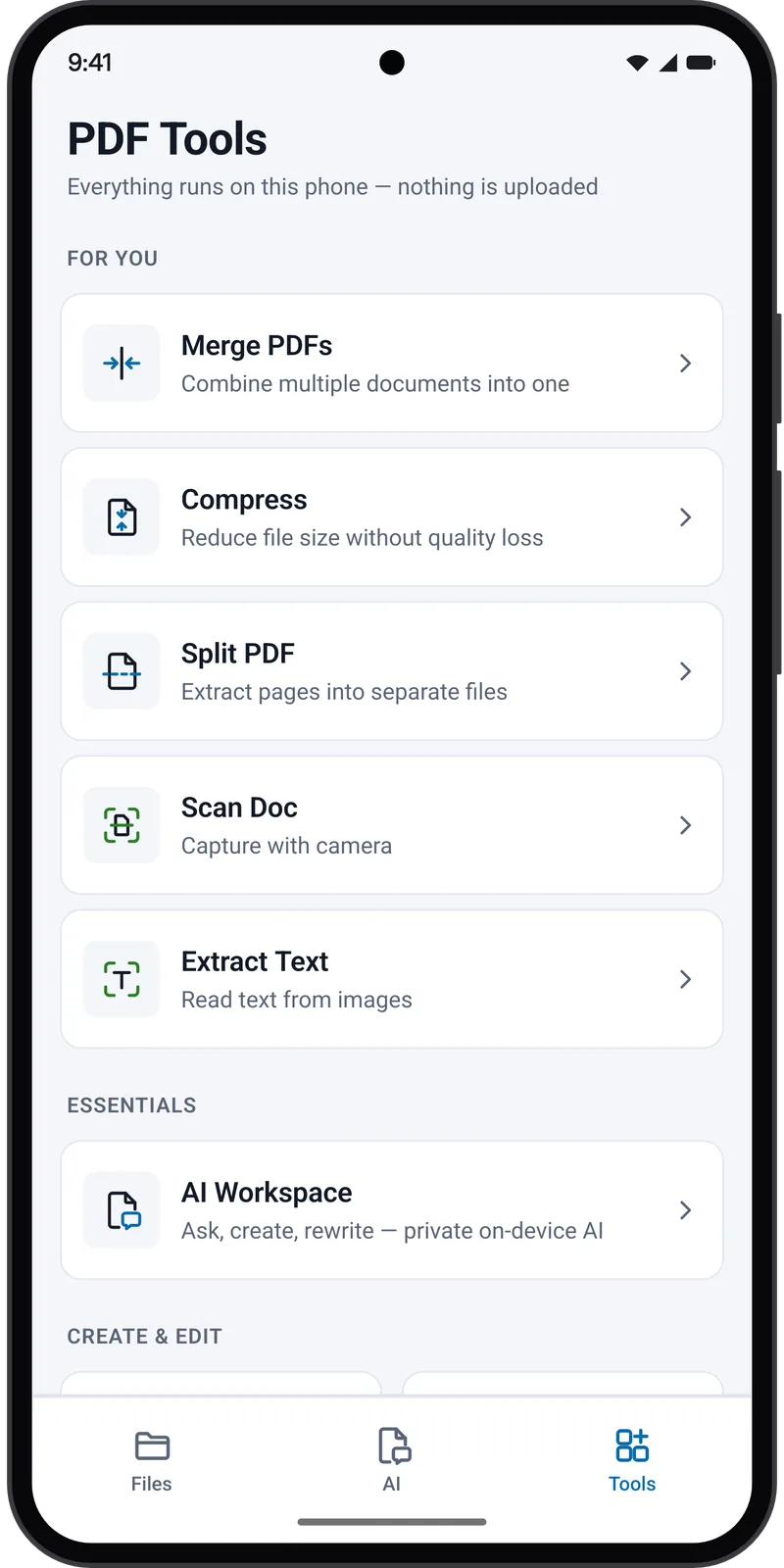 PDF Tools list: merge, compress, split, scan and extract text