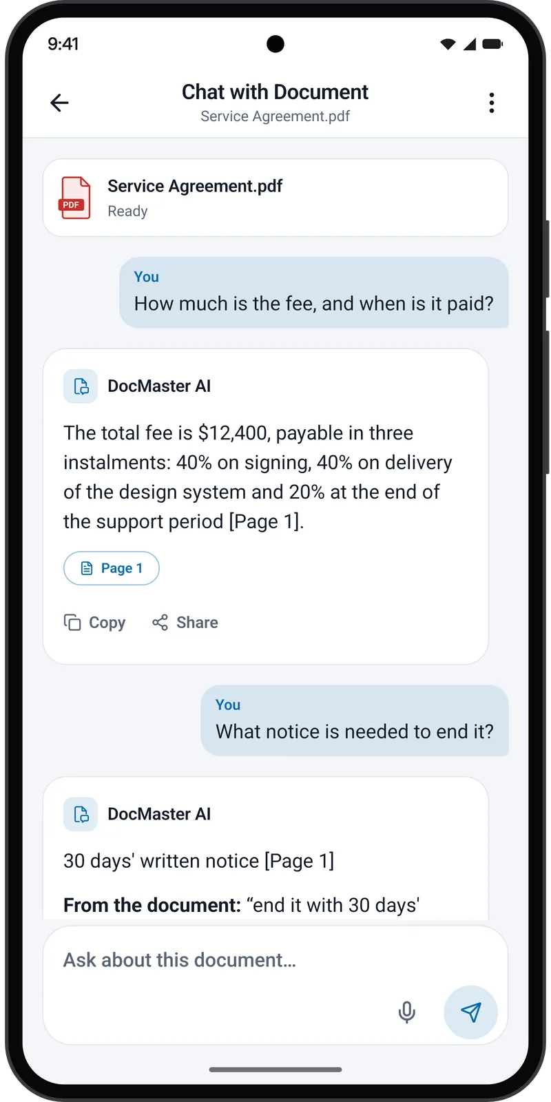 Chat with Document: answers about a service agreement, each citing Page 1