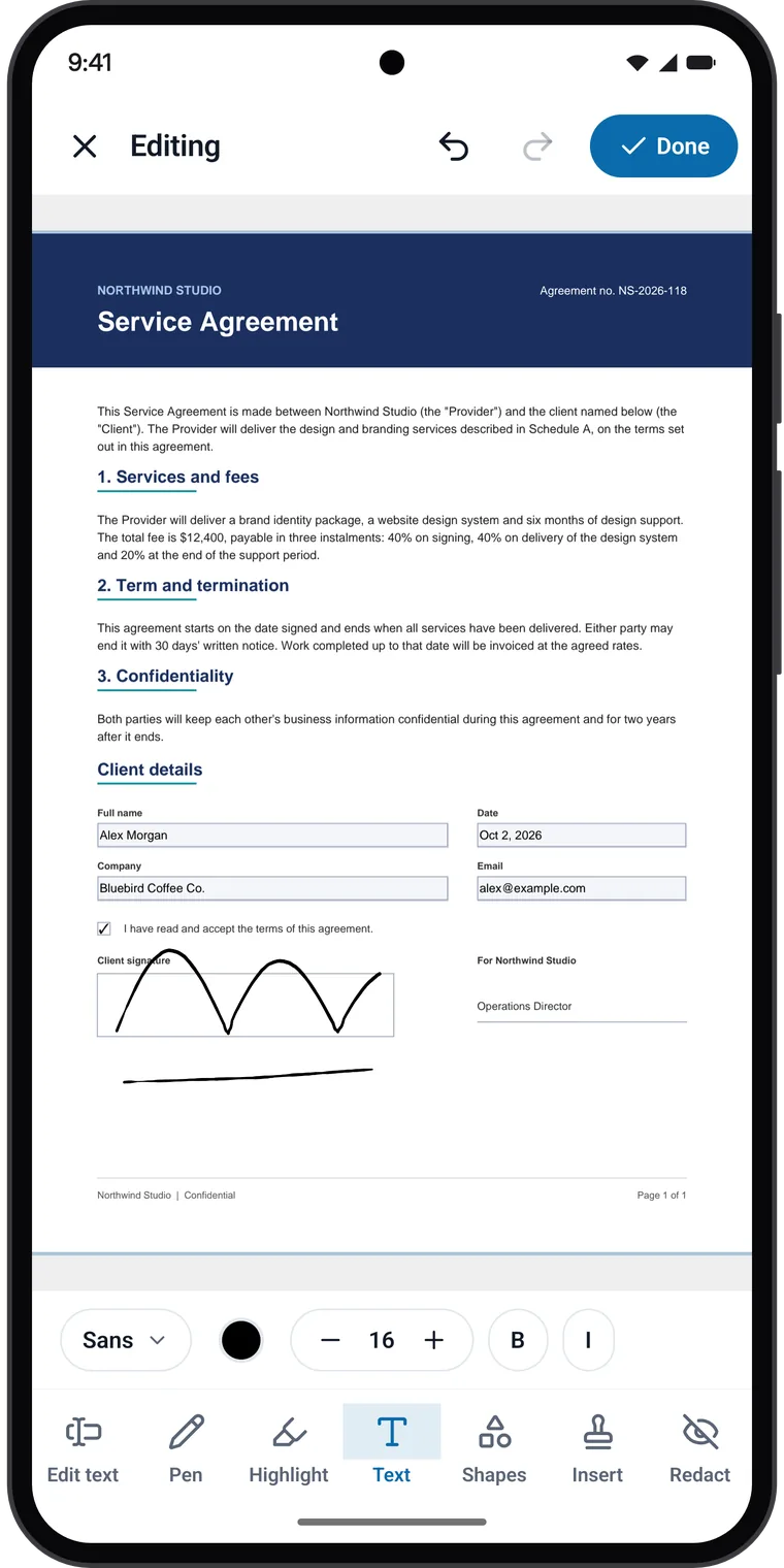 Filling and signing a service agreement in DocMaster on Android