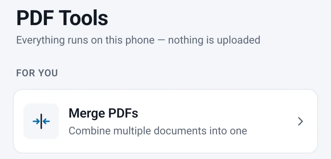 DocMaster's PDF Tools screen with the Merge PDFs tool