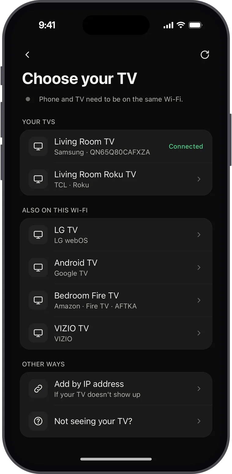 Choosing a TV in Universal TV Remote: TVs found on the same Wi-Fi are listed