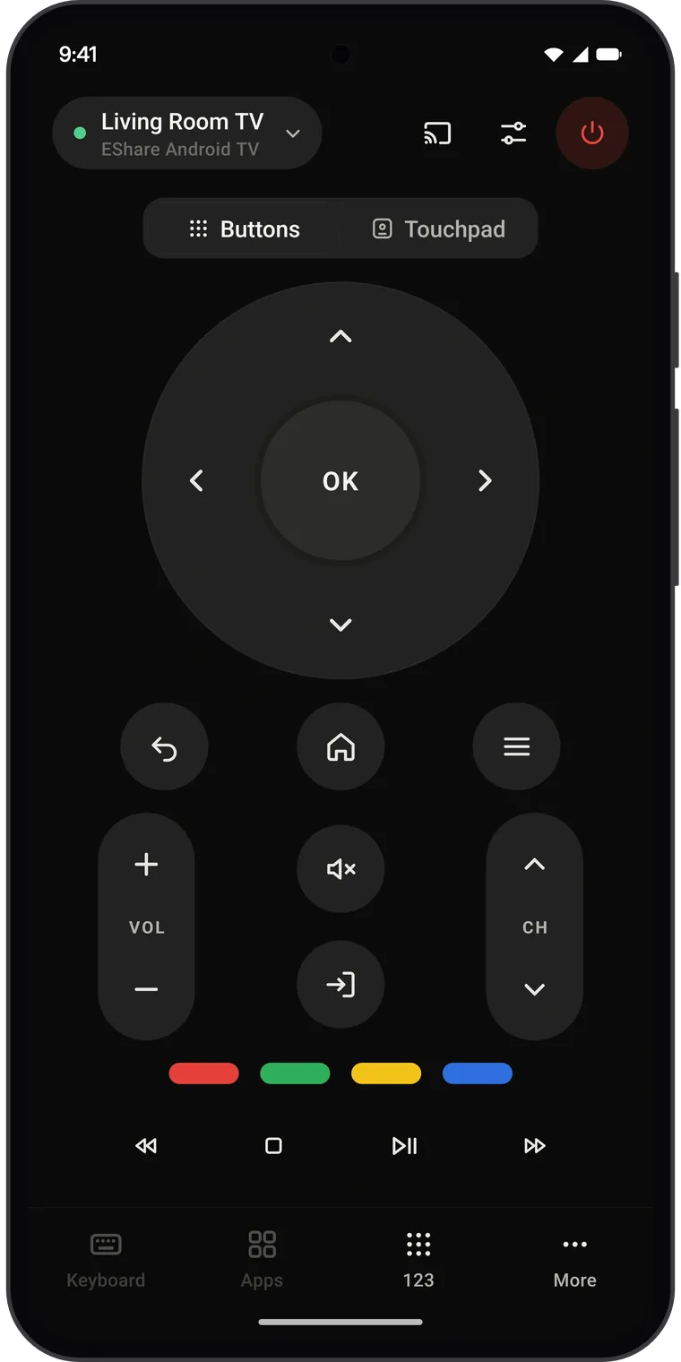 The Universal TV Remote app's remote screen on an Android phone